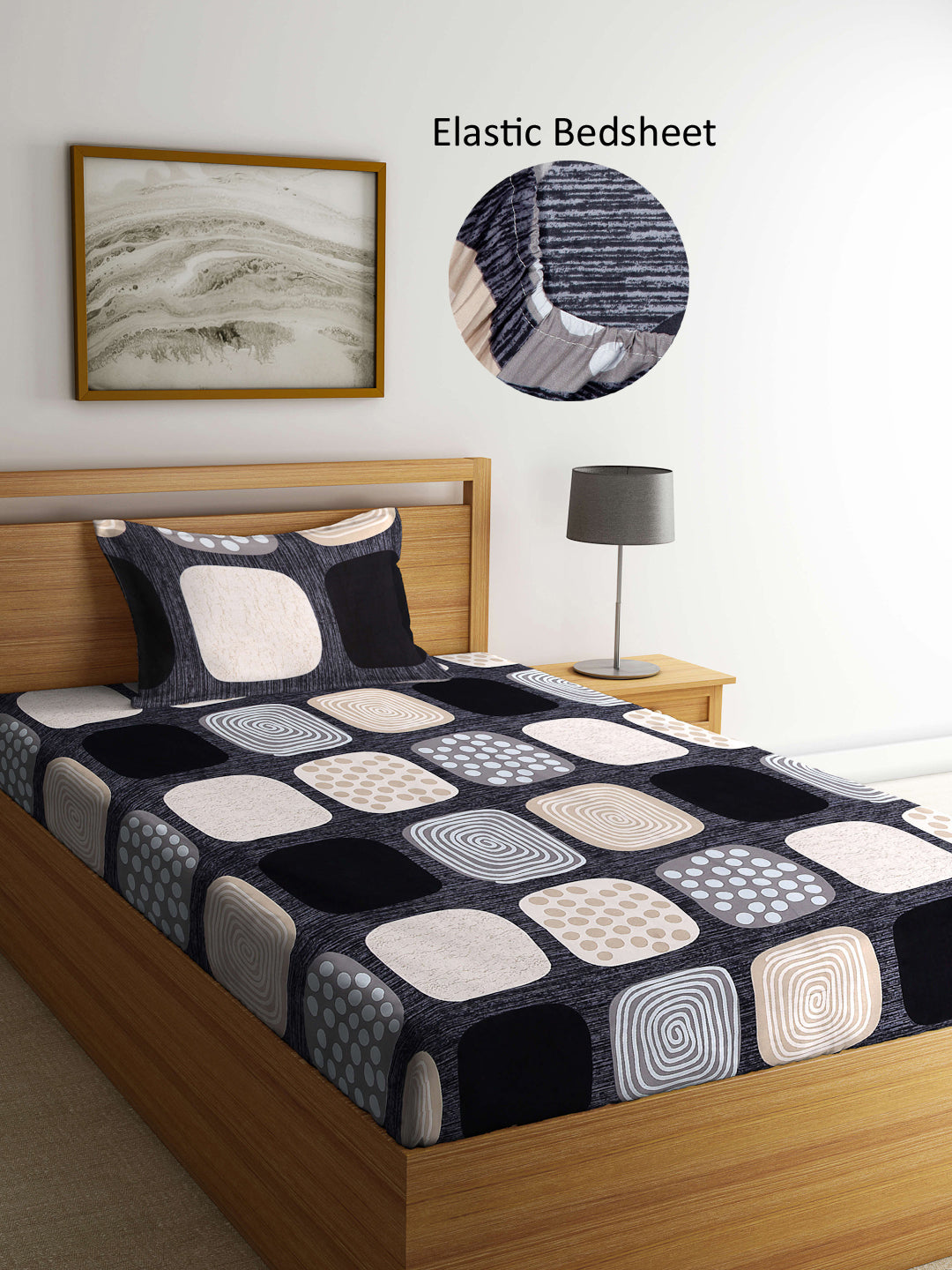 Arrabi Black Geometric TC Cotton Blend Single Size Fitted Bedsheet with 1 Pillow Cover (215 X 150 cm)