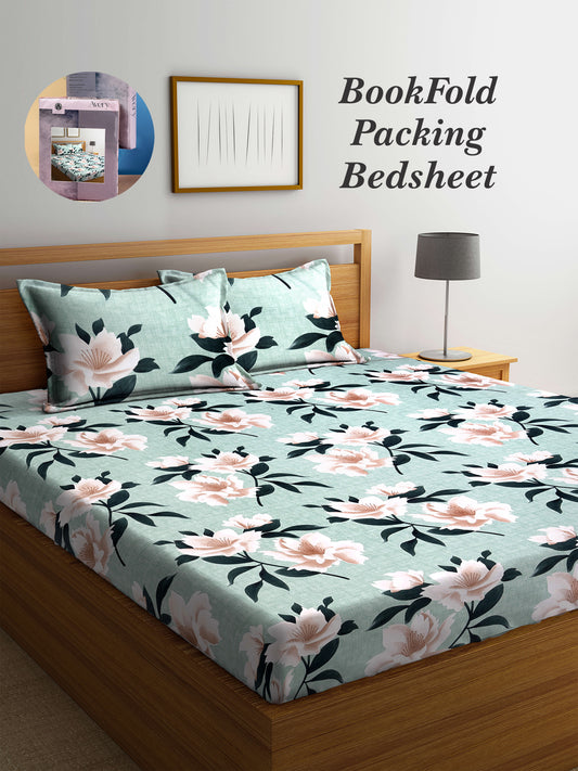 Arrabi Green Floral TC Cotton Blend King Size Bookfold Bedsheet with 2 Pillow Covers (250 X 220 cm)