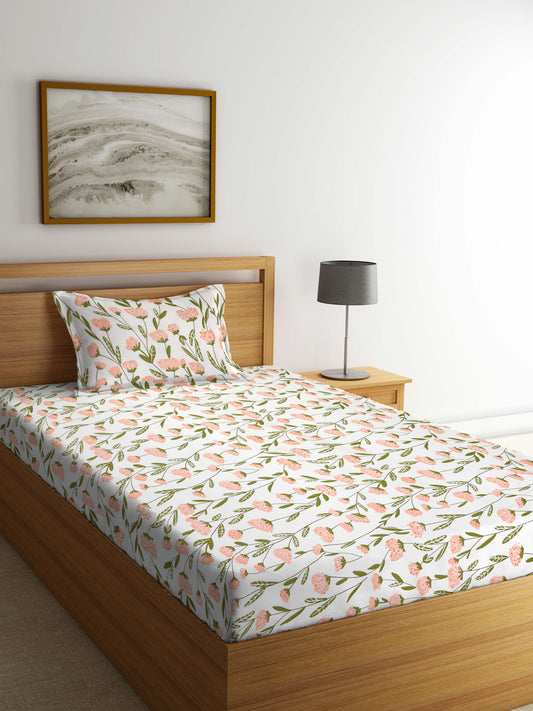 Arrabi Cream Floral TC Cotton Blend Single Size Bedsheet with 1 Pillow Cover (215 X 150 cm)