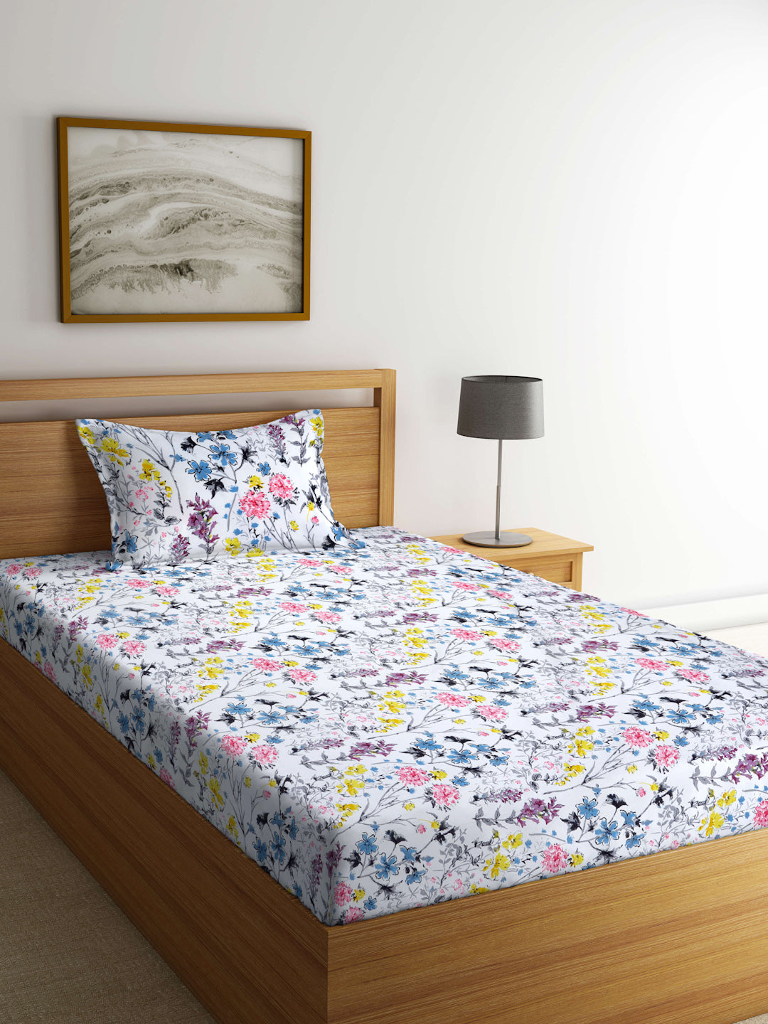 Arrabi White Floral TC Cotton Blend Single Size Bedsheet with 1 Pillow Cover (215 X 150 cm)