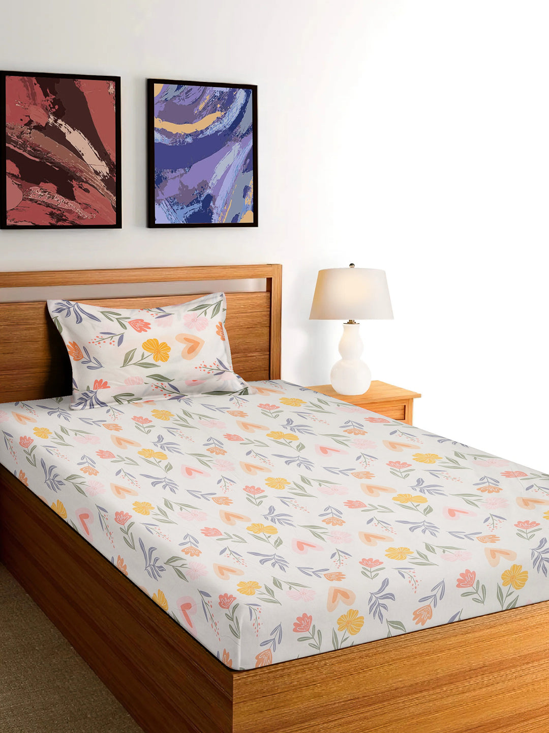 Arrabi Cream Floral TC Cotton Blend Single Size Bedsheet with 1 Pillow Cover (215 x 150 cm)