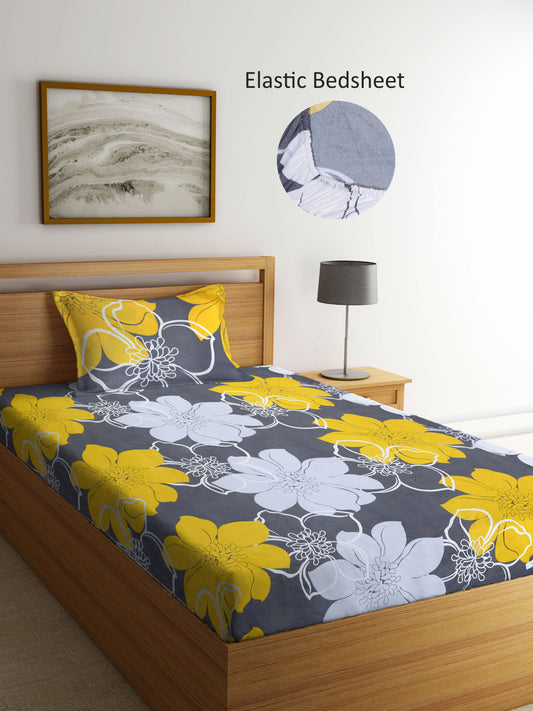 Arrabi Grey Floral TC Cotton Blend Single Size Fitted Bedsheet with 1 Pillow Cover (215 X 150 cm)