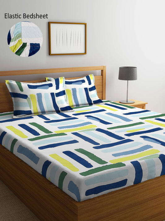 Arrabi Multi Geometric TC Cotton Blend King Size Fitted Bedsheet with 2 Pillow Covers (250 x 215 cm)