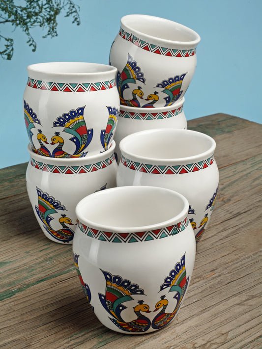 Arrabi Multi Ceramic Peacock Kullar set (Set of 6)