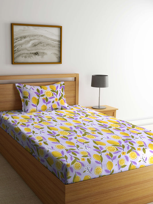 Arrabi Purple Floral TC Cotton Blend Single Size Bedsheet with 1 Pillow Cover (215 x 150 cm)