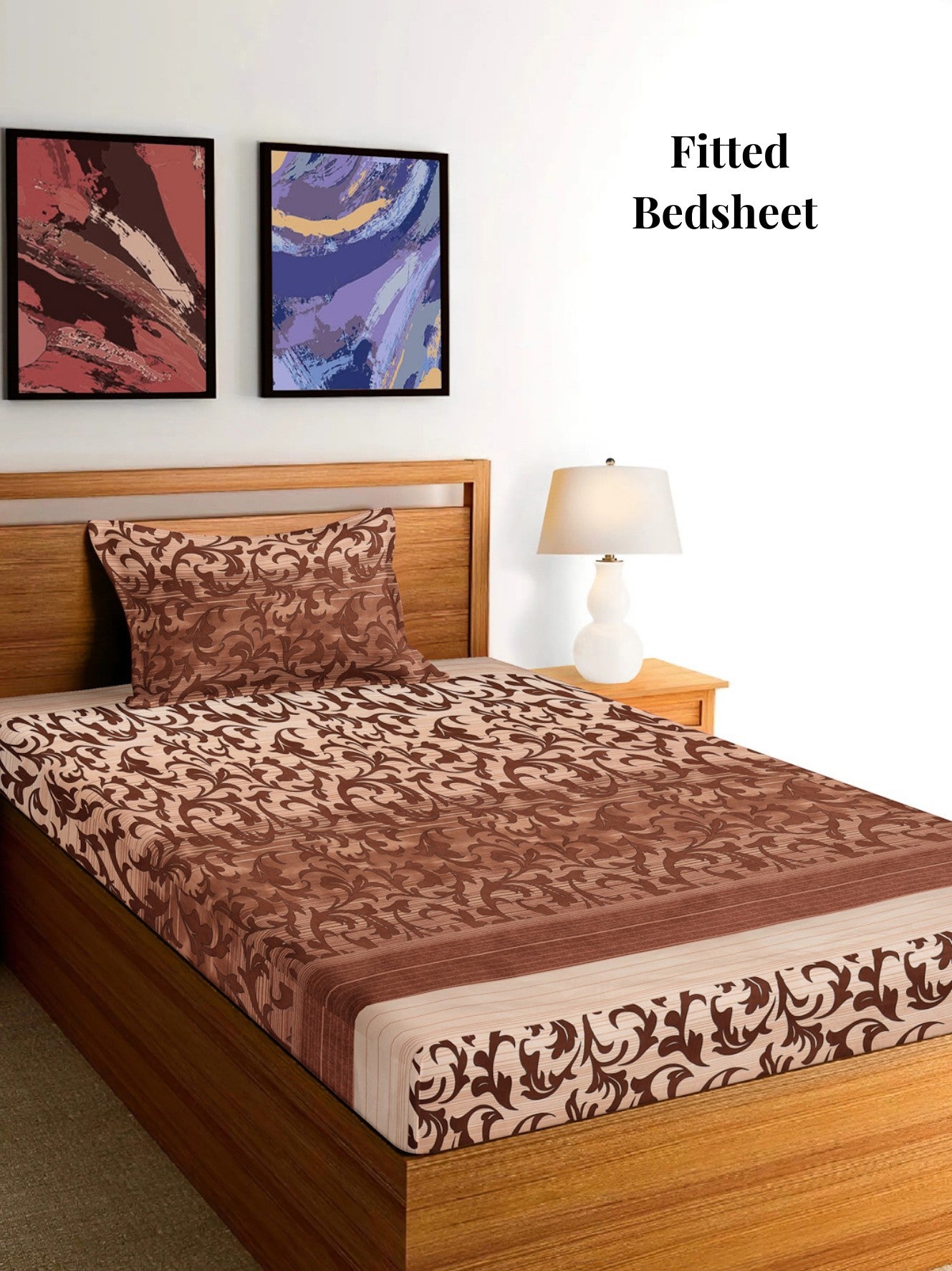 Arrabi Brown Leaf TC Cotton Blend Single Size Fitted Bedsheet with 1 Pillow Cover (215 x 150 cm)