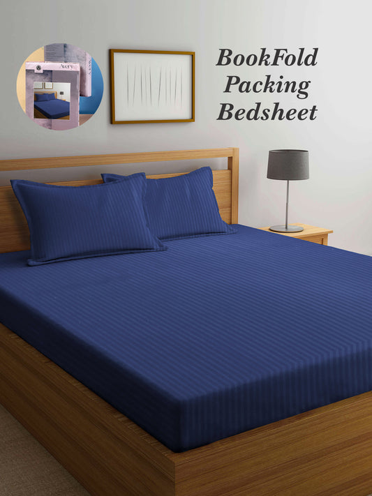 Arrabi Blue Stripes TC Cotton Blend Super King Size Bookfold Bedsheet with 2 Pillow Covers (270 X 260 cm)