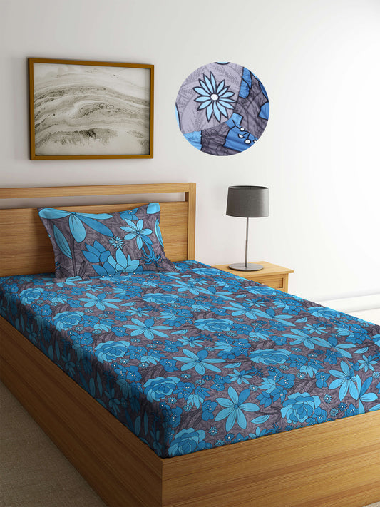 Arrabi Blue Floral TC Cotton Blend Single Size Fitted Bedsheet with 1 Pillow Cover (220 X 150 cm)