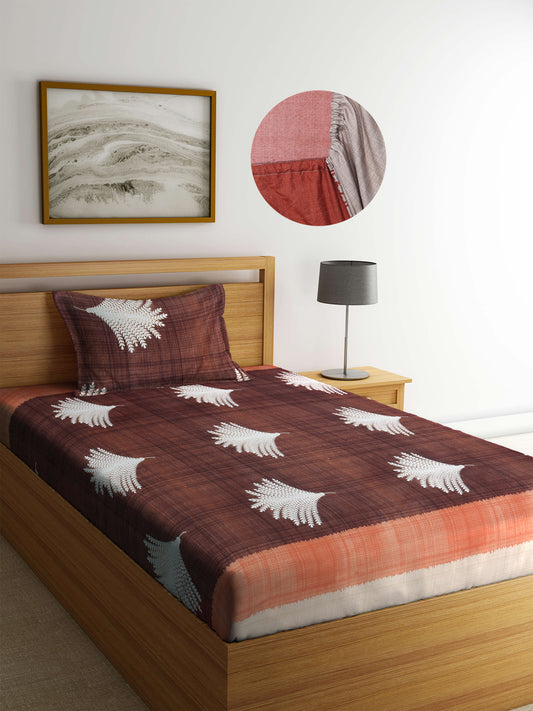 Arrabi Brown Floral TC Cotton Blend Single Size Fitted Bedsheet with 1 Pillow Cover (220 X 150 cm)