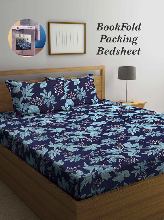 Arrabi Blue Leaf TC Cotton Blend King Size Bookfold Bedsheet with 2 Pillow Covers (250 X 220 cm)