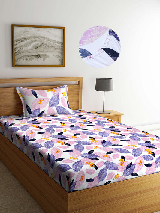 Arrabi Multi Leaf TC Cotton Blend Single Size Fitted Bedsheet with 1 Pillow Cover (220 X 150 cm)