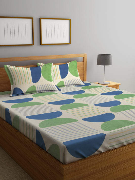 Arrabi Multi Geometric TC Cotton Blend King Size Bedsheet with 2 Pillow Covers (250 x 215 cm)