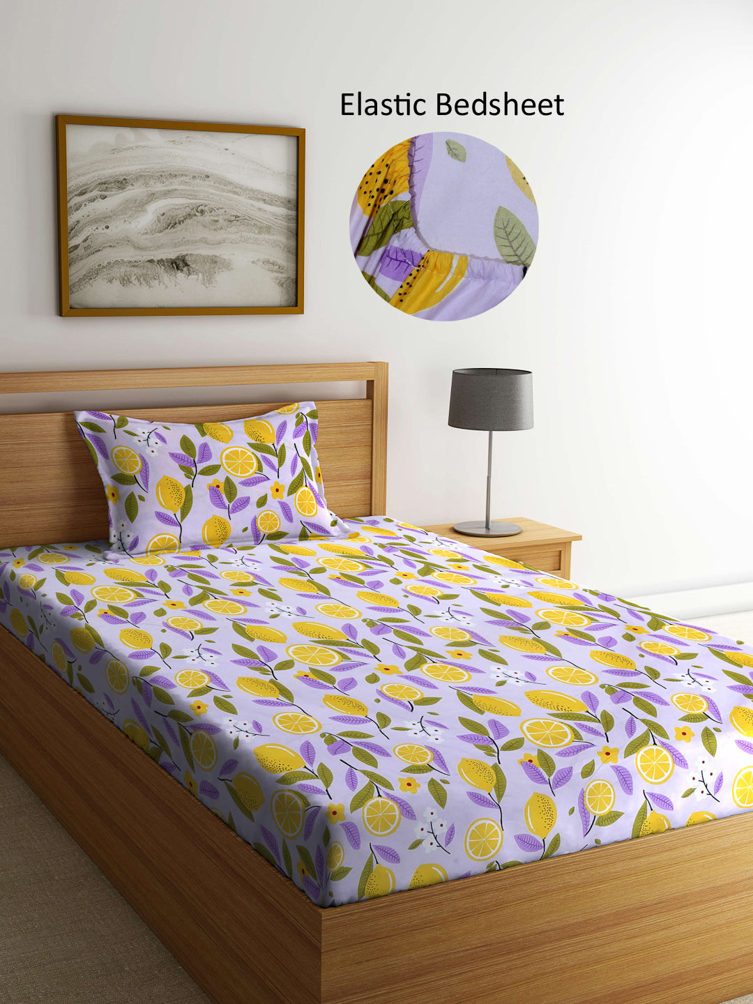 Arrabi Purple Floral TC Cotton Blend Single Size Fitted Bedsheet with 1 Pillow Cover (215 X 150 cm)