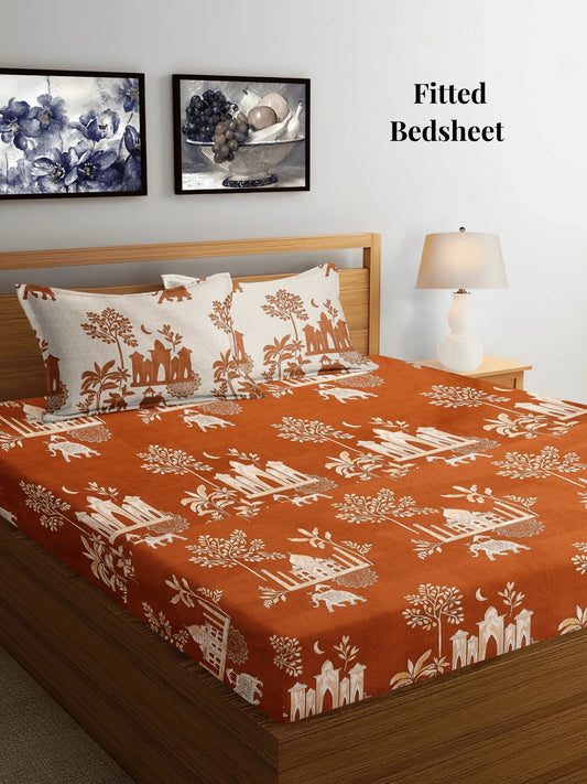 Arrabi Brown Floral TC Cotton Blend Super King Size Fitted Bedsheet with 2 Pillow Covers (270 X 260 Cm)