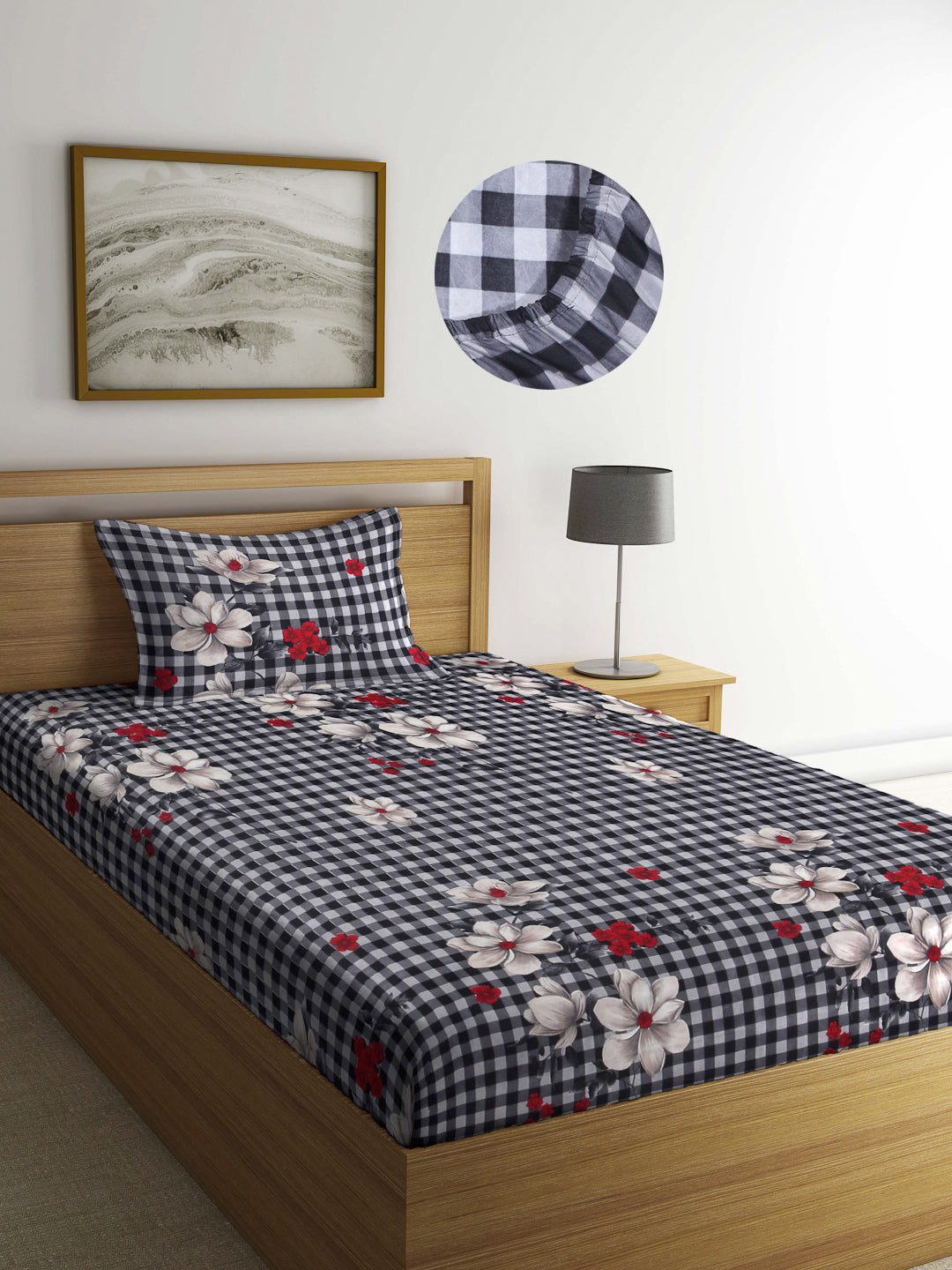 Arrabi Black Floral TC Cotton Blend Single Size Fitted Bedsheet with 1 Pillow Cover (220 X 150 cm)