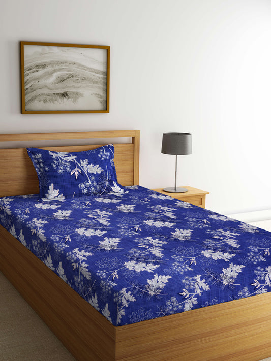 Arrabi Blue Leaf TC Cotton Blend Single Size Bedsheet with 1 Pillow Cover (215 X 150 cm)