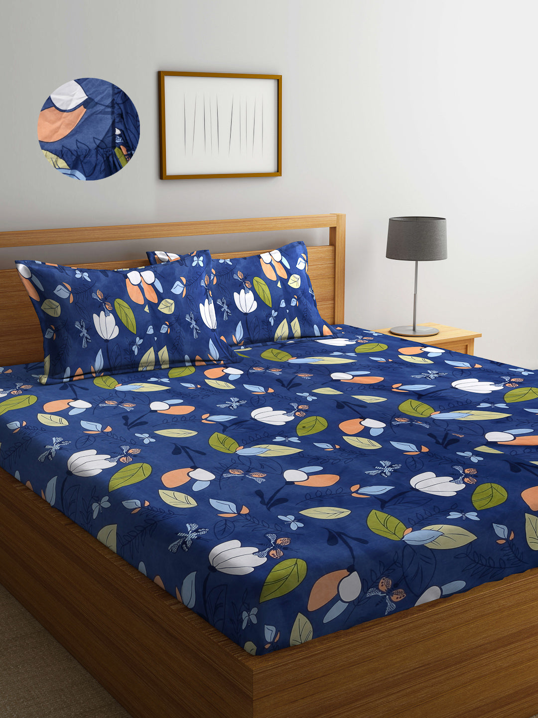 Arrabi Blue Leaf TC Cotton Blend Super King Size Fitted Bedsheet with 2 Pillow Covers (270 x 260 cm)