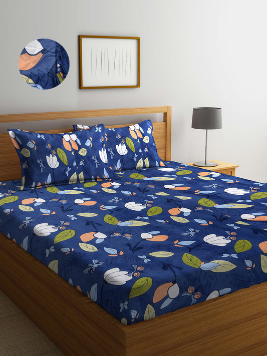 Arrabi Blue Leaf TC Cotton Blend Super King Size Fitted Bedsheet with 2 Pillow Covers (270 x 260 cm)