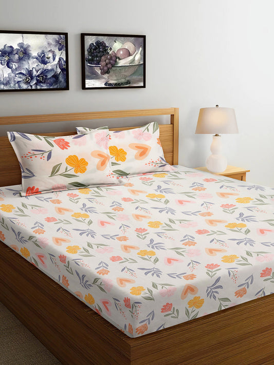 Arrabi Cream Floral TC Cotton Blend King Size Bedsheet with 2 Pillow Covers (250 x 215 cm)