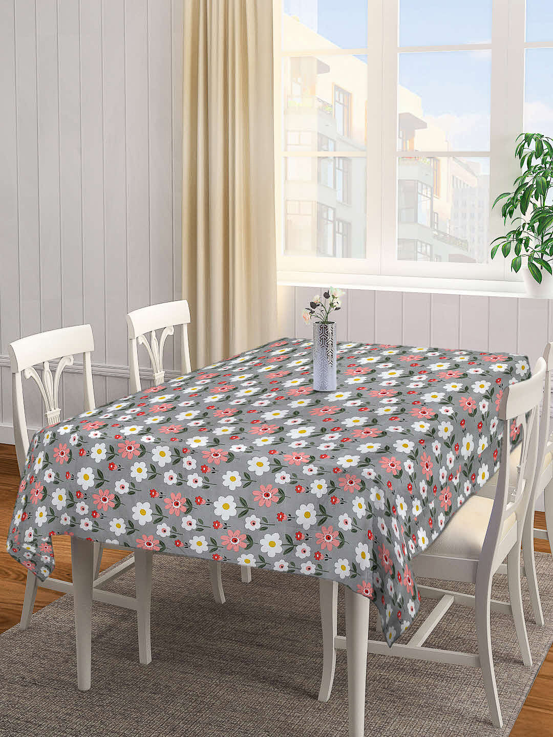 Arrabi Grey Floral Cotton Blend 8 SEATER Table Cover (215 X 150 cm)