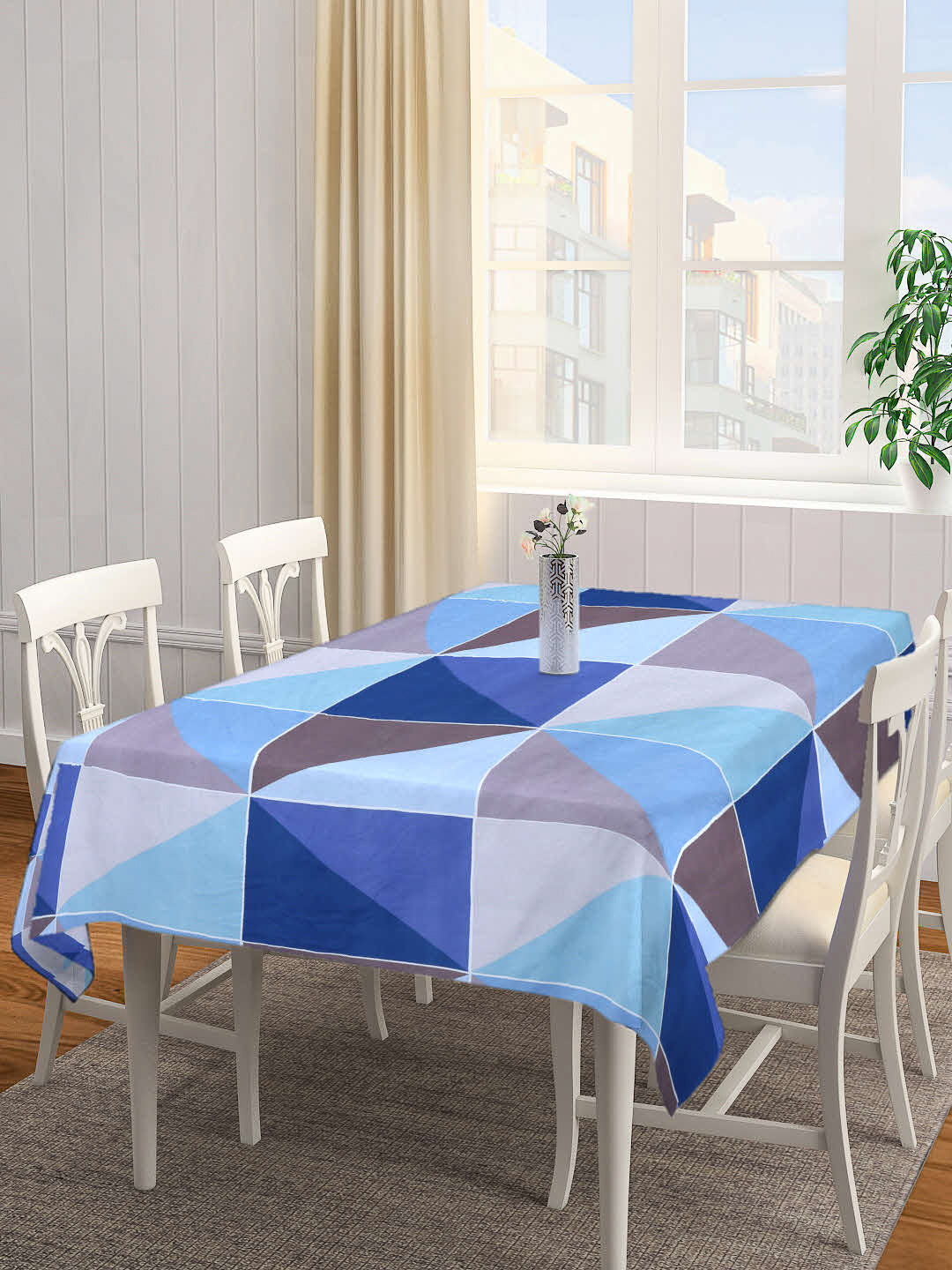 Arrabi Blue Geometric Cotton Blend 8 SEATER Table Cover (215 X 150 cm)