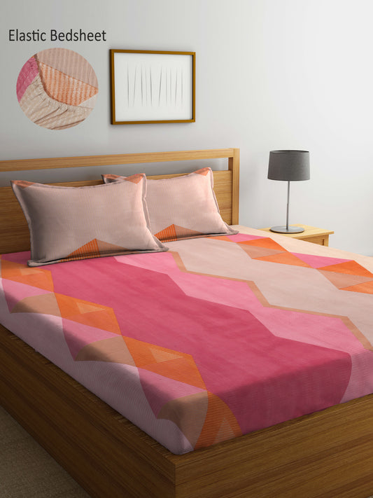 Arrabi Multi Geometric TC Cotton Blend Super King Size Fitted Bedsheet with 2 Pillow Covers (270 X 260 Cm )