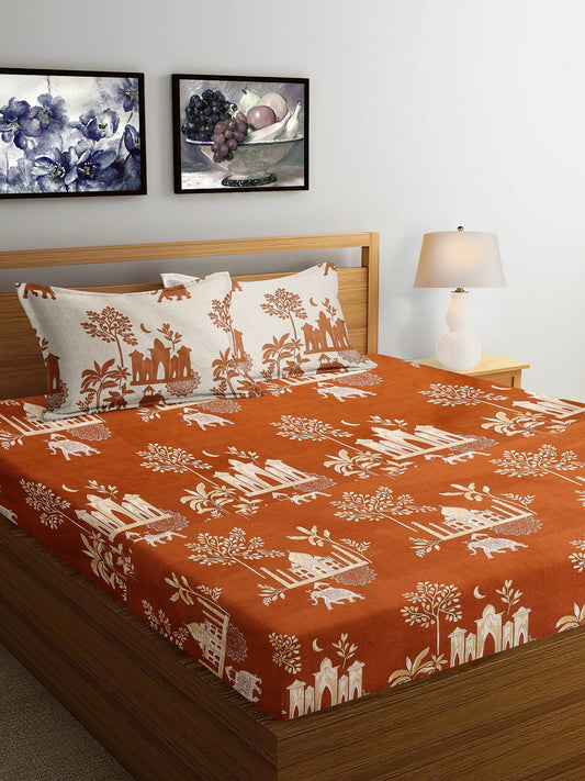 Arrabi Brown Indian TC Cotton Blend Super King Size Bedsheet with 2 Pillow Covers (270 x 260 cm)