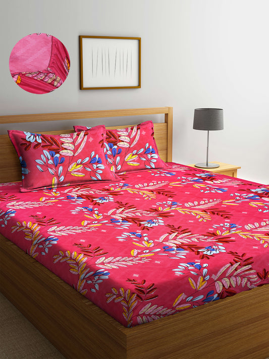 Arrabi Pink Leaf TC Cotton Blend King Size Fitted Bedsheet with 2 Pillow Covers (250 X 215 Cm)