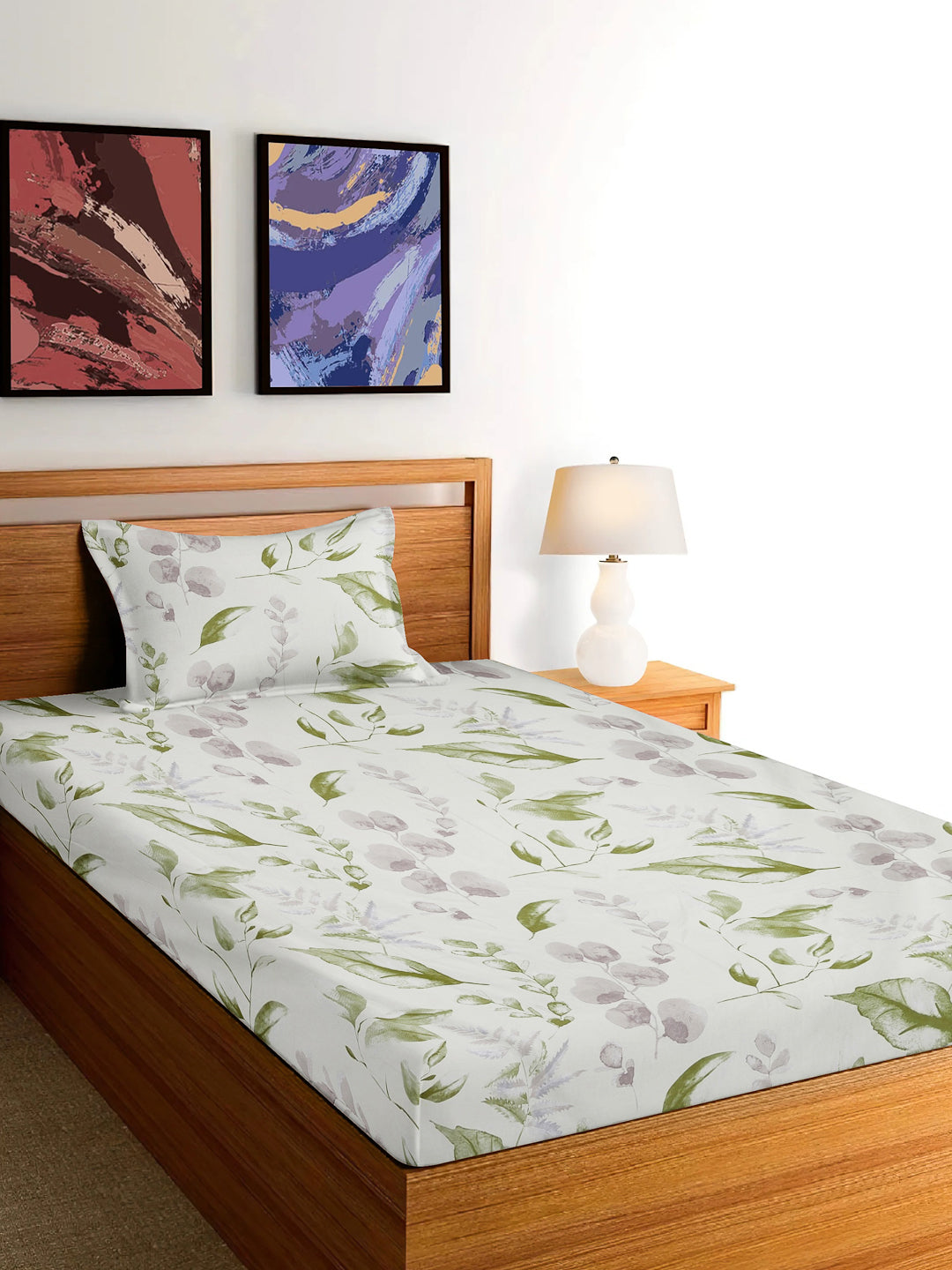 Arrabi Cream Leaf TC Cotton Blend Single Size Bedsheet with 1 Pillow Cover (215 x 150 cm)