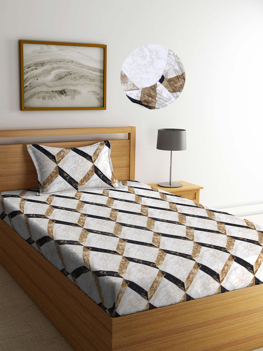 Arrabi Brown Geometric TC Cotton Blend Single Size Fitted Bedsheet with 1 Pillow Cover (220 X 150 cm)