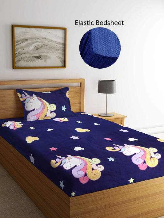 Arrabi Blue Cartoon TC Cotton Blend Single Size Fitted Bedsheet with 1 Pillow Cover (215 X 150 cm)