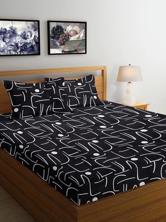 Arrabi Black Geometric TC Cotton Blend Super King Size Bedsheet with 2 Pillow Covers (270 x 260 cm)