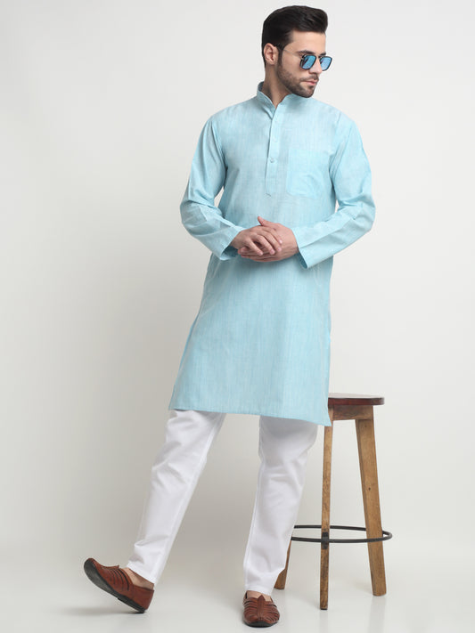 Arrabi Men Blue Pure Cotton Solid Kurta with Churidar Pyjama