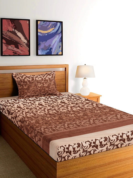 Arrabi Brown Leaf TC Cotton Blend Single Size Bedsheet with 1 Pillow Cover (215 x 150 cm)