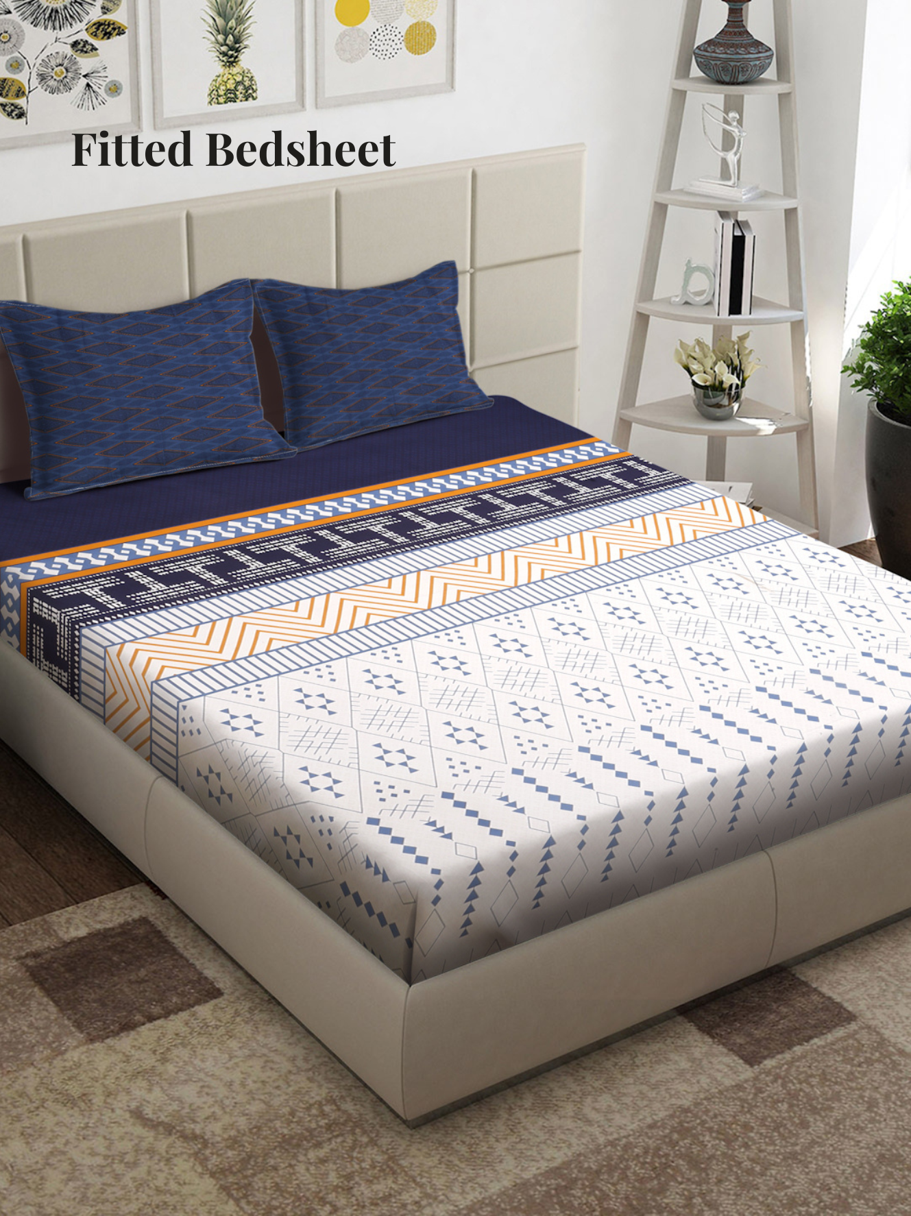 Arrabi Multi Geometric TC Cotton Blend Super King Size Fitted Bedsheet with 2 Pillow Covers (270 x 260 cm)