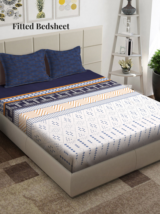 Arrabi Multi Geometric TC Cotton Blend Super King Size Fitted Bedsheet with 2 Pillow Covers (270 x 260 cm)