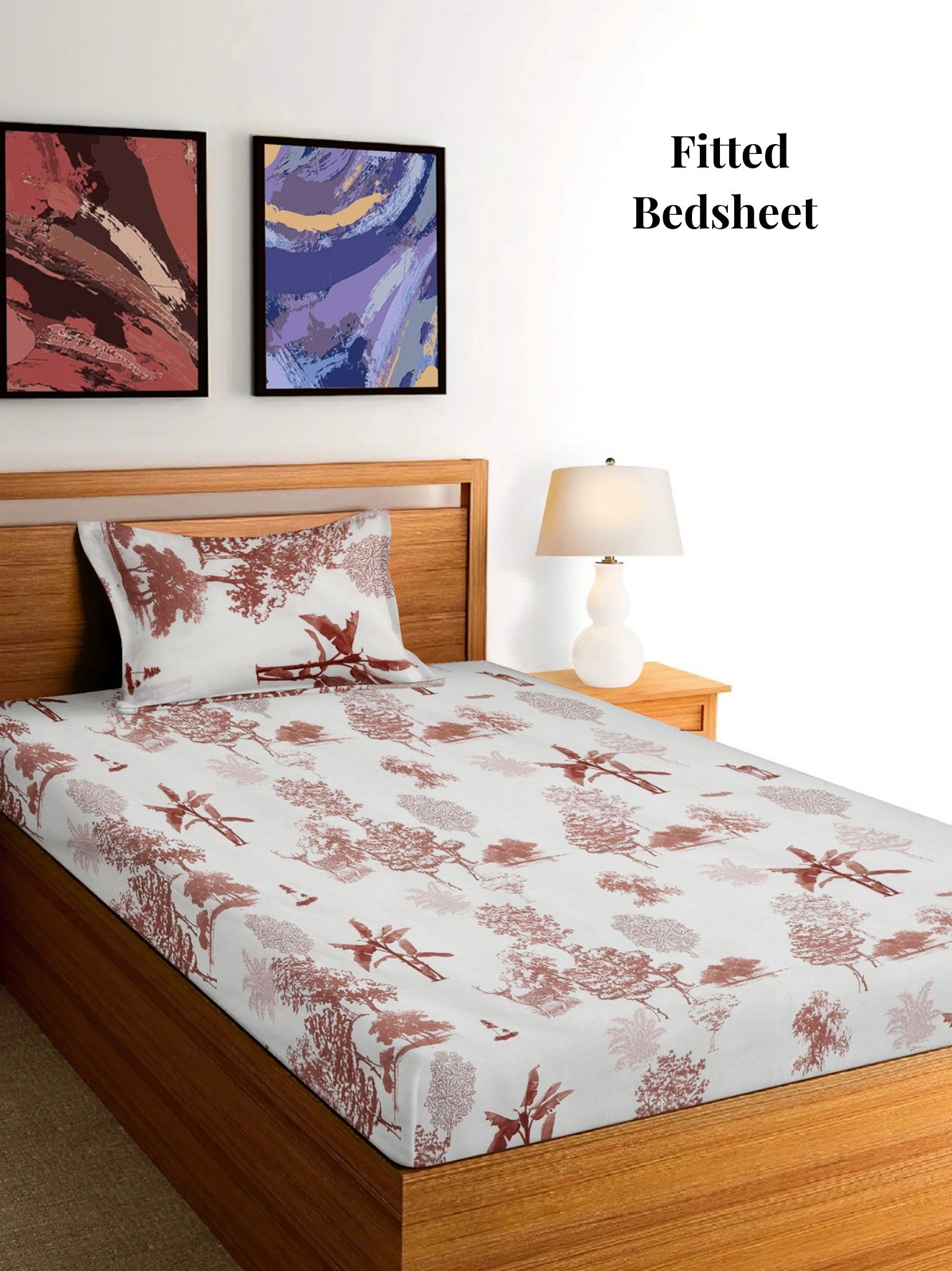 Arrabi Cream Leaf TC Cotton Blend Single Size Fitted Bedsheet with 1 Pillow Cover (215 x 150 cm)