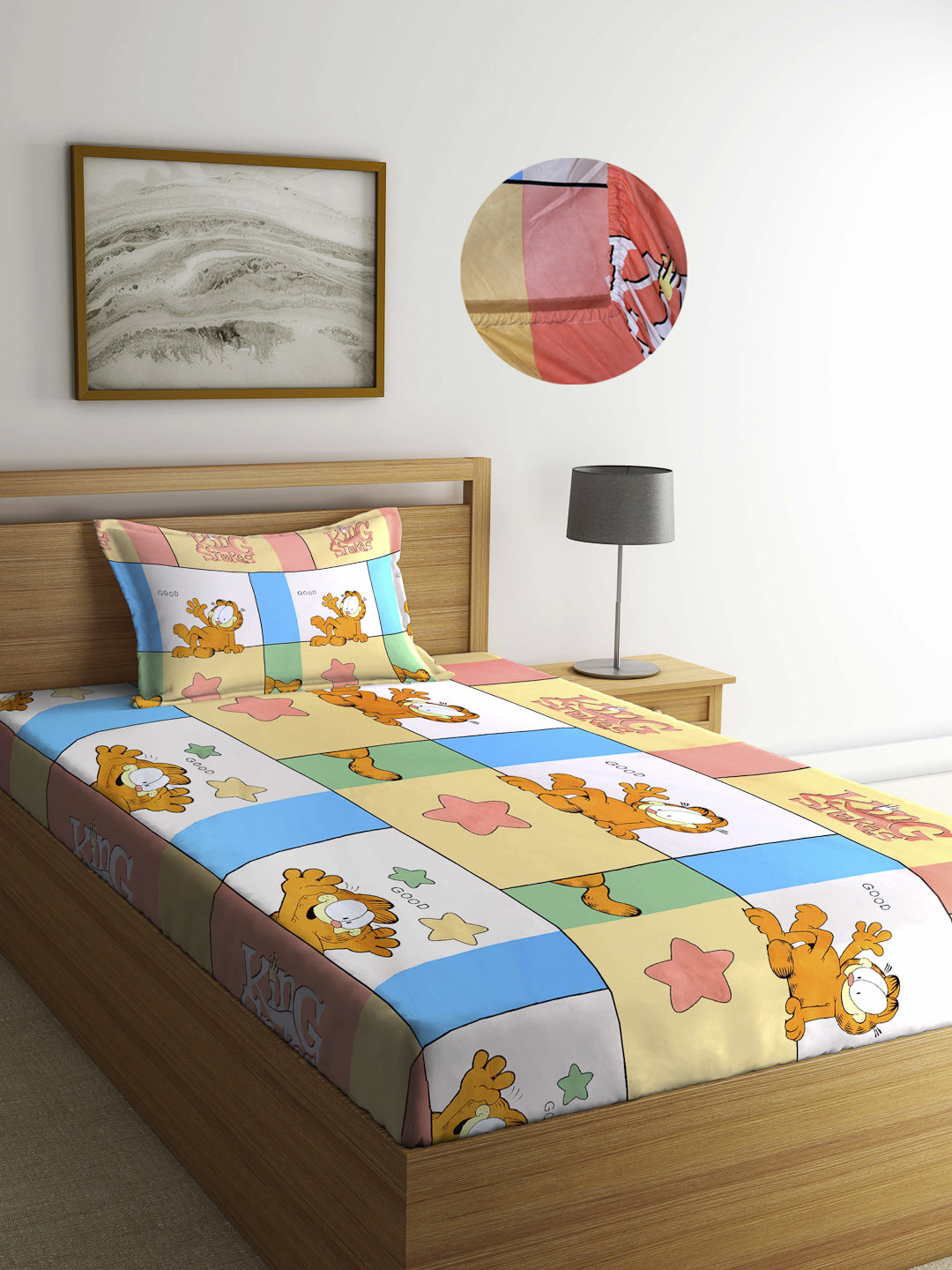 Arrabi Multi Cartoon TC Cotton Blend Single Size Fitted Bedsheet with 1 Pillow Cover (220 X 150 cm)