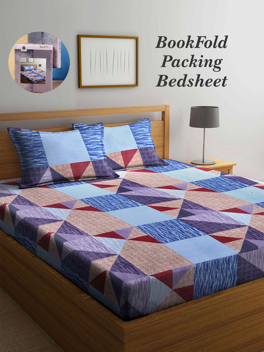Arrabi Multi Geometric TC Cotton Blend King Size Bookfold Bedsheet with 2 Pillow Covers (250 X 220 cm)