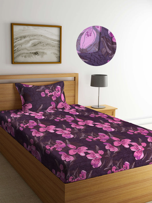 Arrabi Violet Floral TC Cotton Blend Single Size Fitted Bedsheet with 1 Pillow Cover (220 X 150 cm)