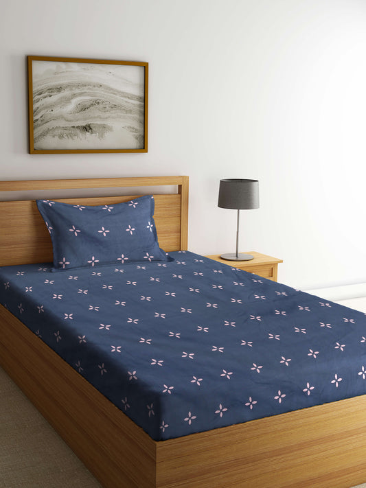 Arrabi Grey Leaf TC Cotton Blend Single Size Bedsheet with 1 Pillow Cover (215 x 150 cm)