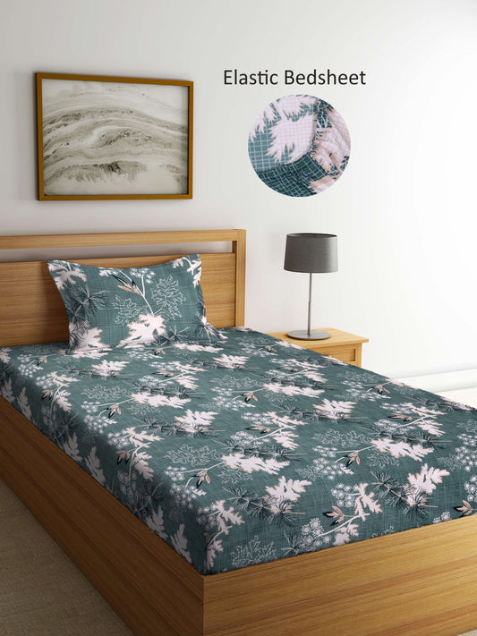 Arrabi Green Leaf TC Cotton Blend Single Size Fitted Bedsheet with 1 Pillow Cover (215 X 150 cm)