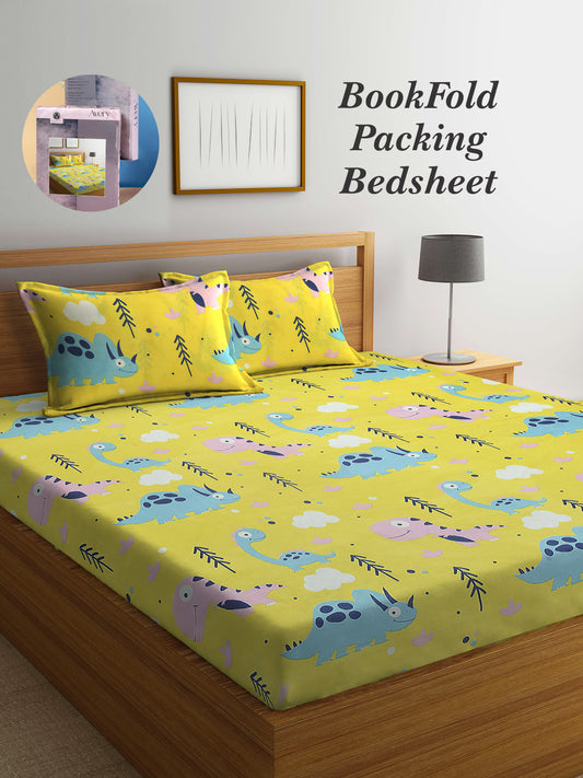 Arrabi Yellow Cartoon TC Cotton Blend King Size Bookfold Bedsheet with 2 Pillow Covers (250 X 215 cm)
