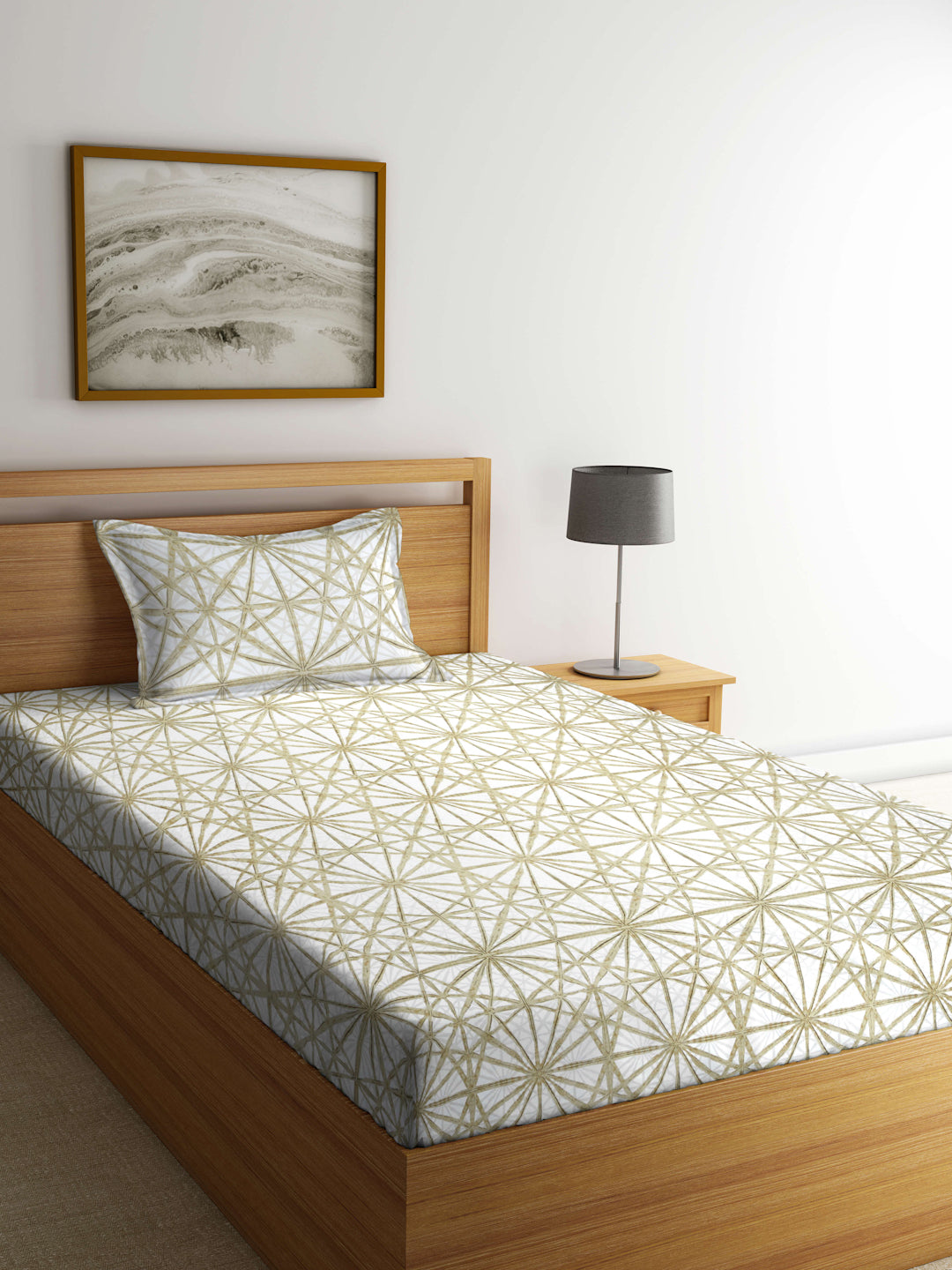 Arrabi Beige Graphic TC Cotton Blend Single Size Bedsheet with 1 Pillow Cover (215 X 150 cm)