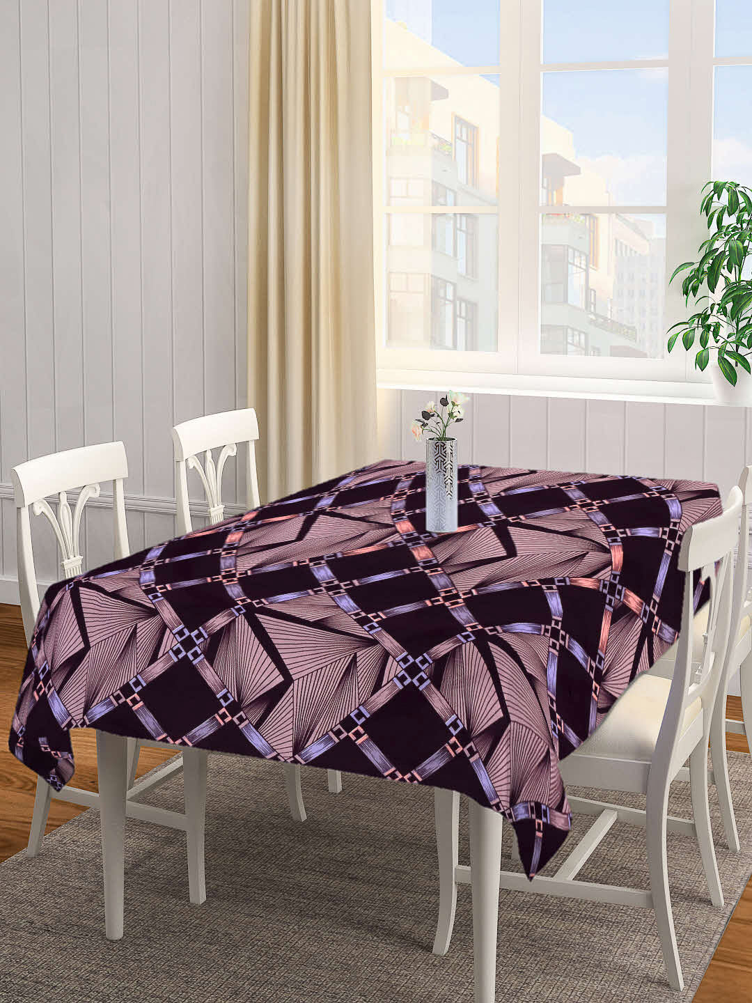 Arrabi Brown Geometric Cotton Blend 8 SEATER Table Cover (215 X 150 cm)