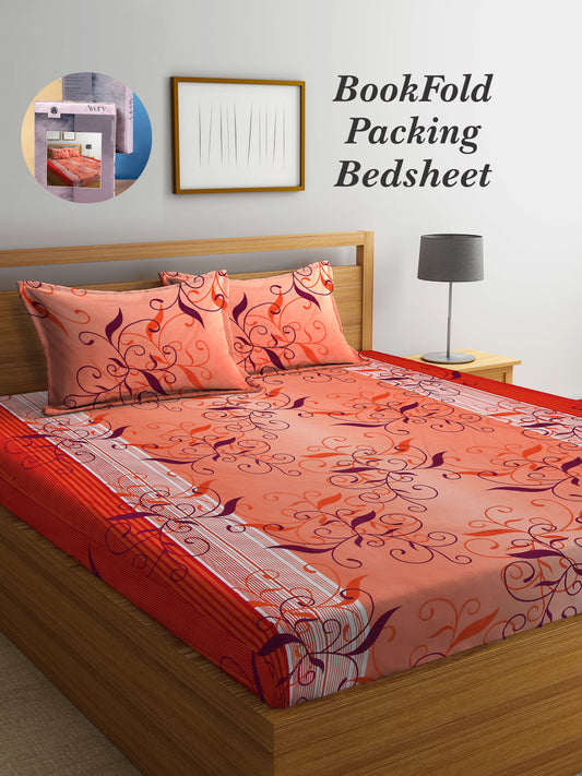 Arrabi Orange Indian TC Cotton Blend King Size Bookfold Bedsheet with 2 Pillow Covers (250 X 215 cm)