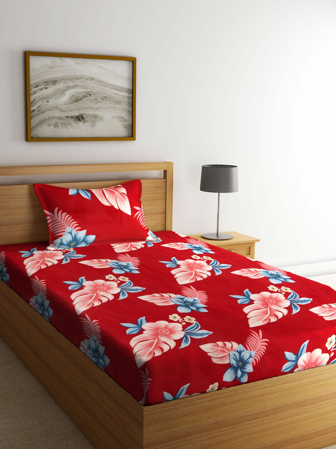 Arrabi Red Floral TC Cotton Blend Single Size Bedsheet with 1 Pillow Cover (215 X 150 cm)