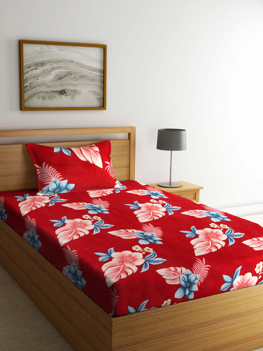 Arrabi Red Floral TC Cotton Blend Single Size Bedsheet with 1 Pillow Cover (215 X 150 cm)