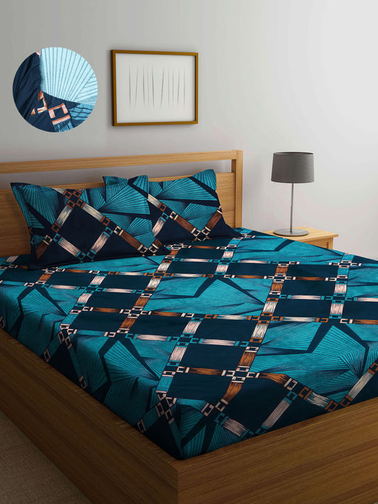 Arrabi Blue Geometric TC Cotton Blend King Size Fitted Bedsheet with 2 Pillow Covers (250 x 220 cm)