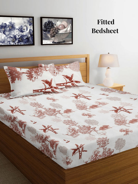 Arrabi Cream Floral TC Cotton Blend King Size Fitted Bedsheet with 2 Pillow Covers (250 X 215 Cm)